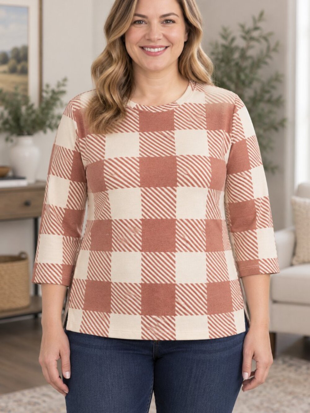 NWT Maurices Women’s Plaid Knit Top Size L Brown Cream Buffalo Check Long Sleeve